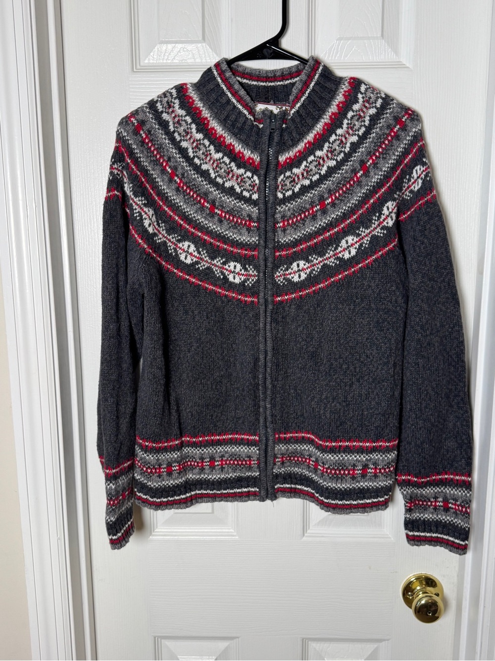 VTG Tiara International Fair Isle Full Zip Cardigan Sweater Grey Red Size Medium